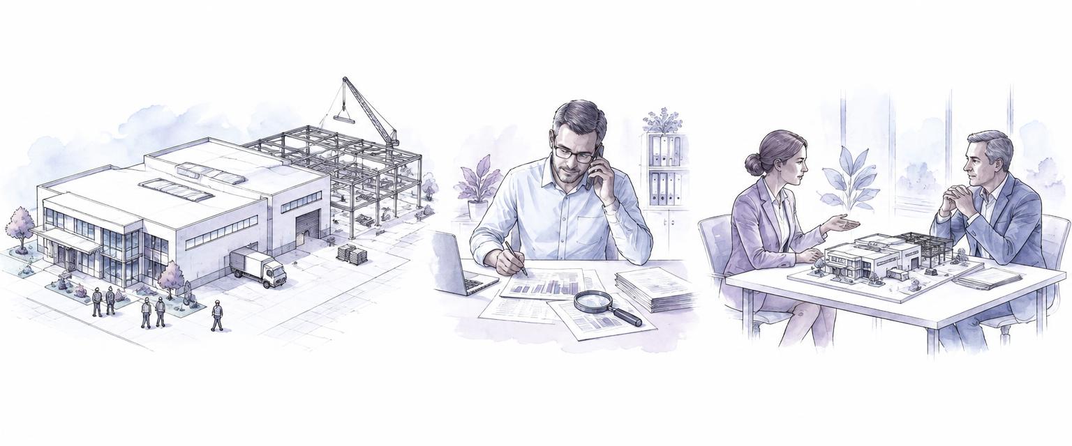Illustration of a factory expansion, an analyst confirming the need by phone, and a briefed business meeting.